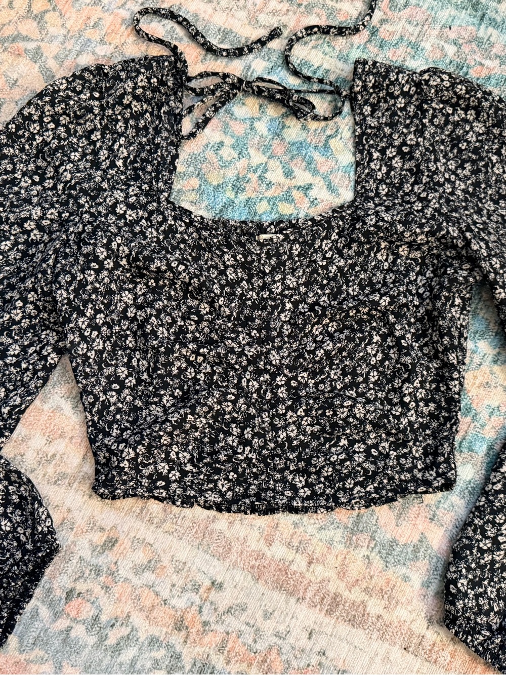 Altar'd State Black Floral Square-Neck Long Sleeve Crop Top with Tie